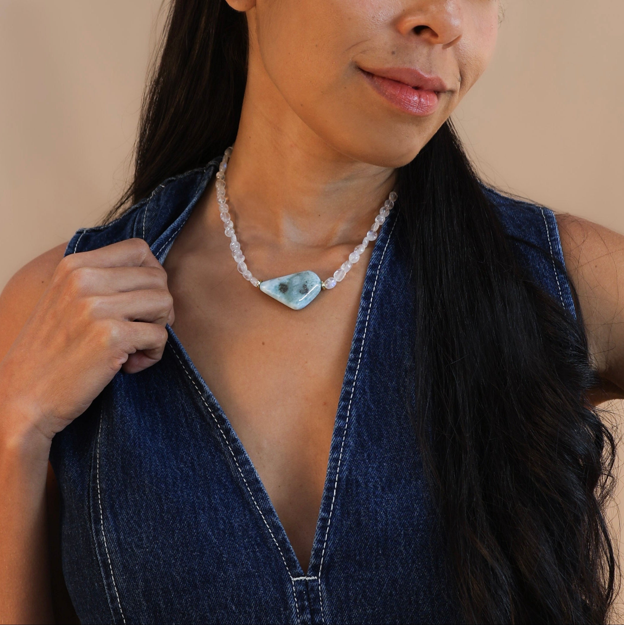 Rainbow Moonstone + Larimar Necklace