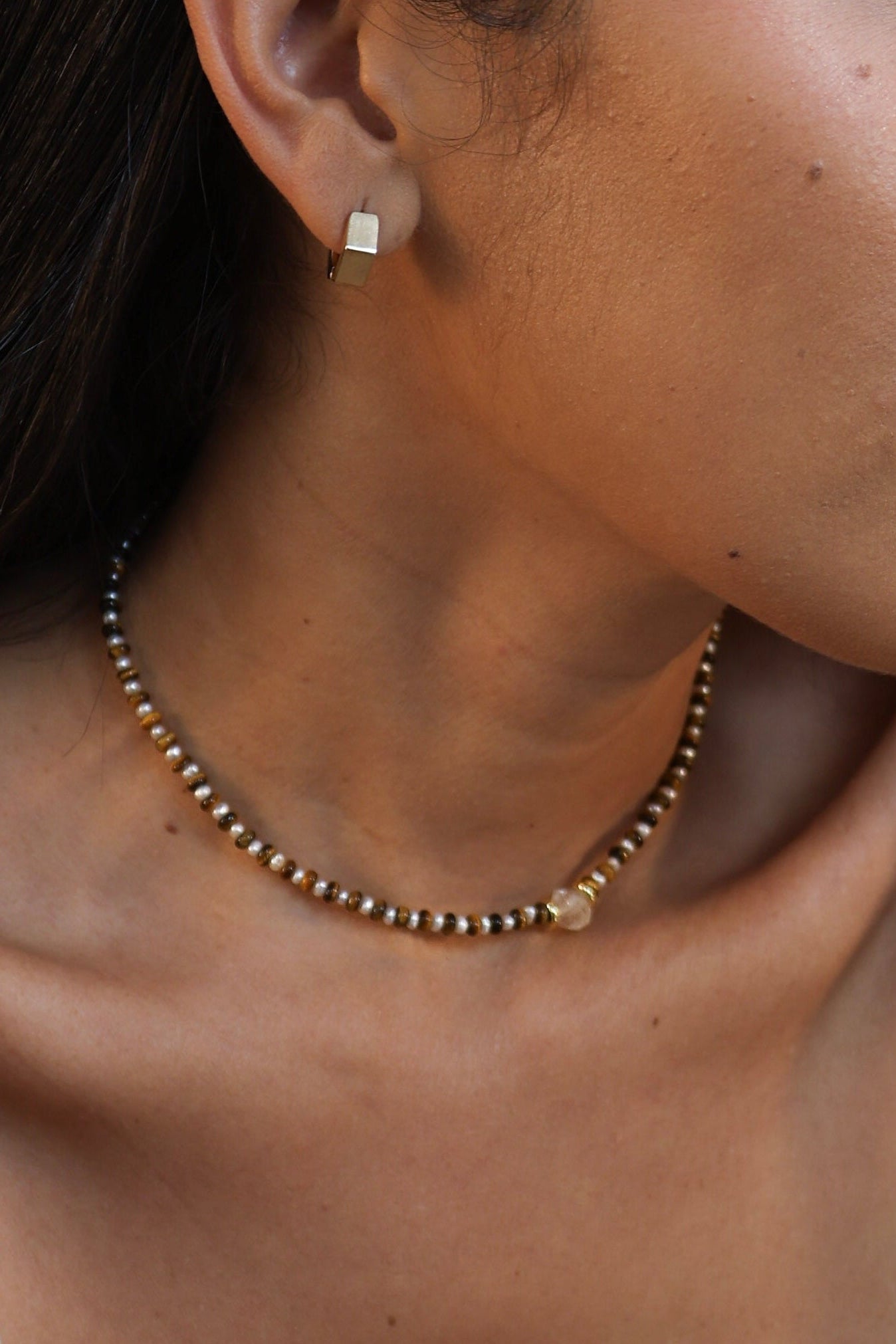 Tiger’s Eye + Pearl + Herkimer Diamond Choker