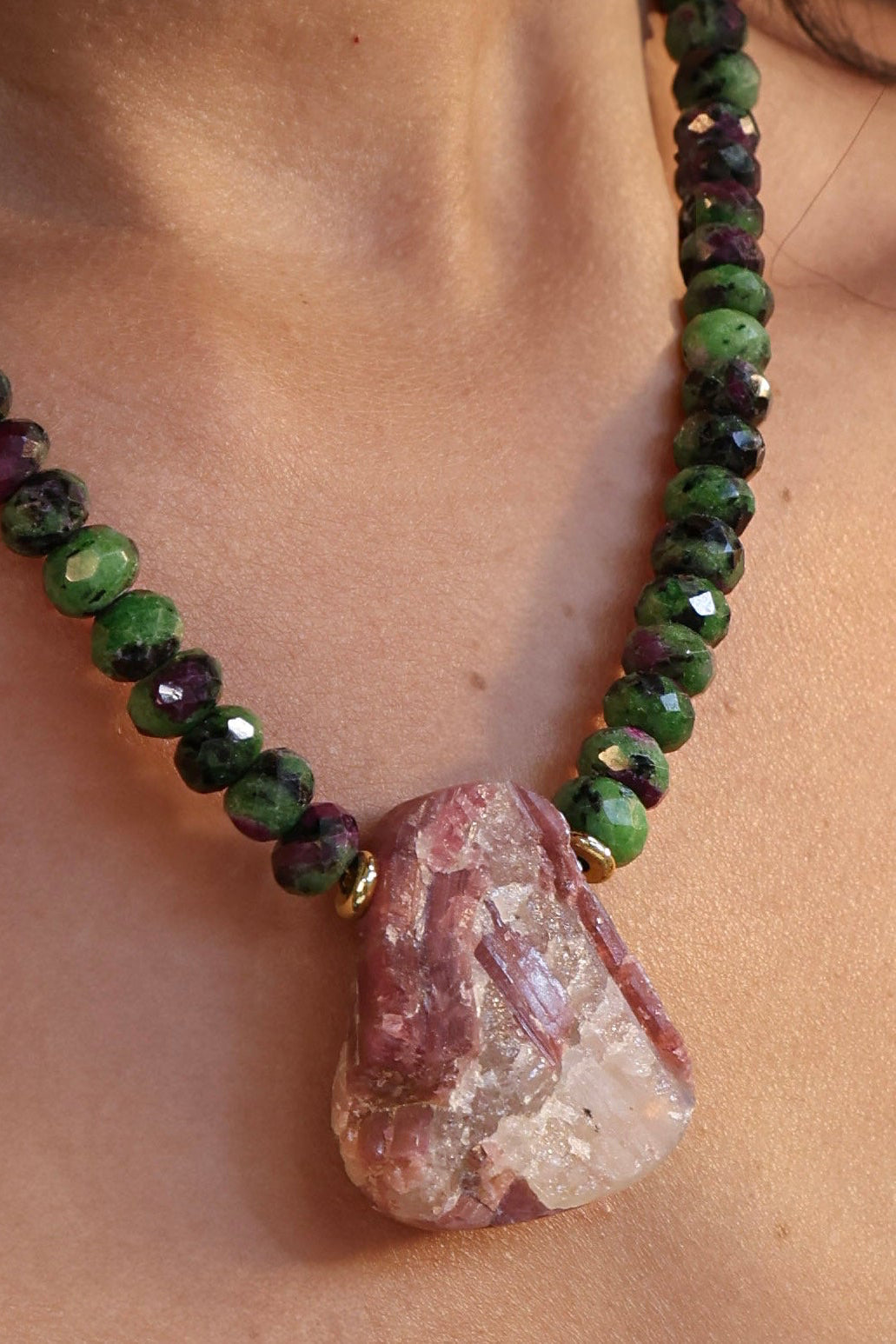 Faceted Ruby Zoisite + Raw Pink Tourmaline in Quartz Necklace
