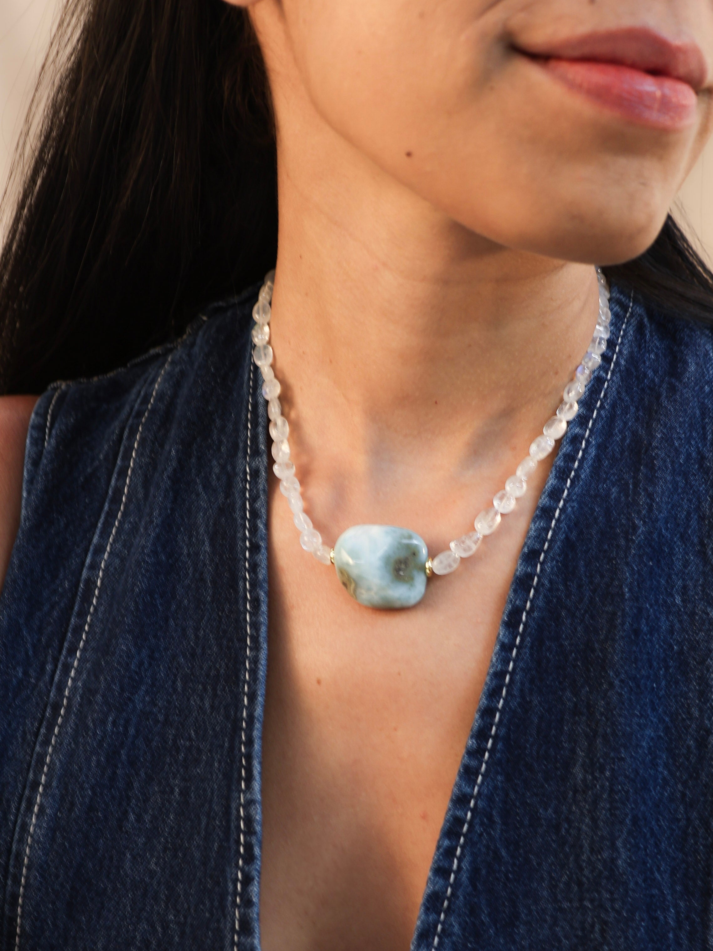 Rainbow Moonstone + Larimar Necklace