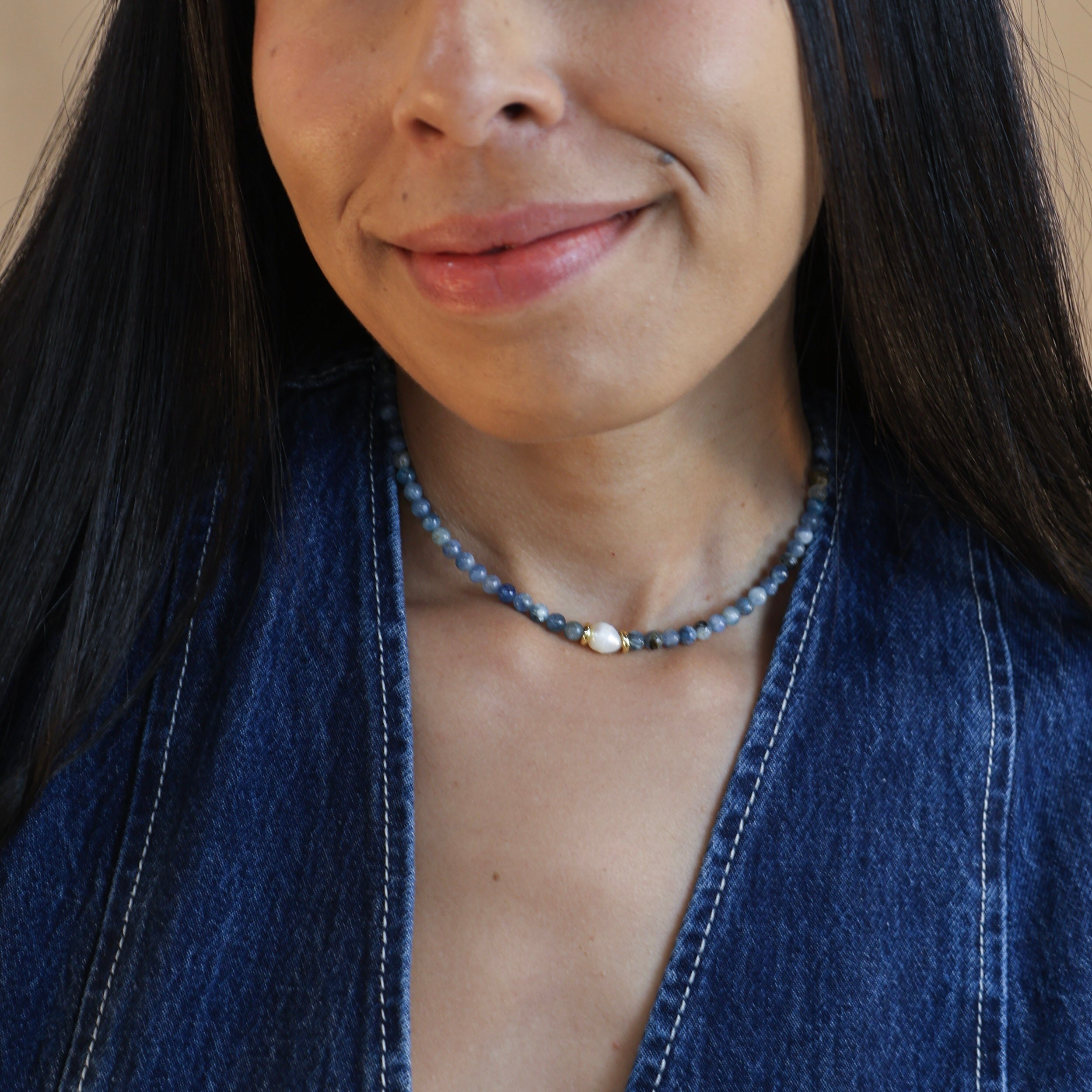 Blue Kyanite + Pearl Choker