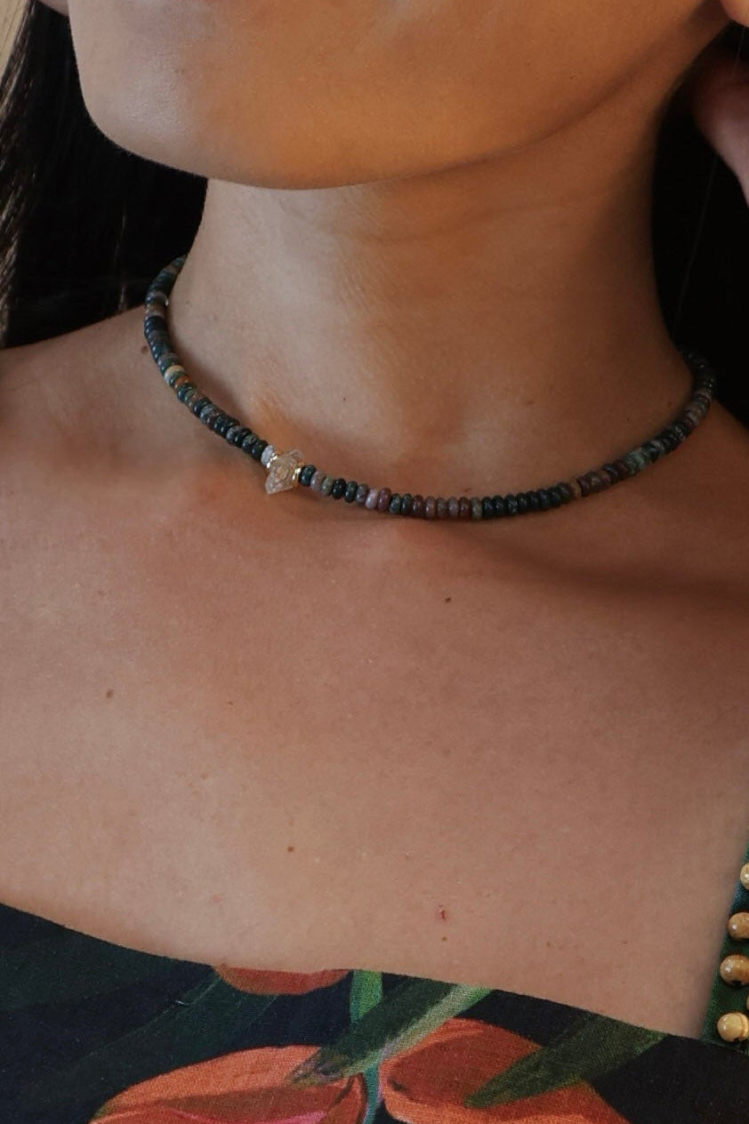 Moss Agate + Herkimer Diamond Choker