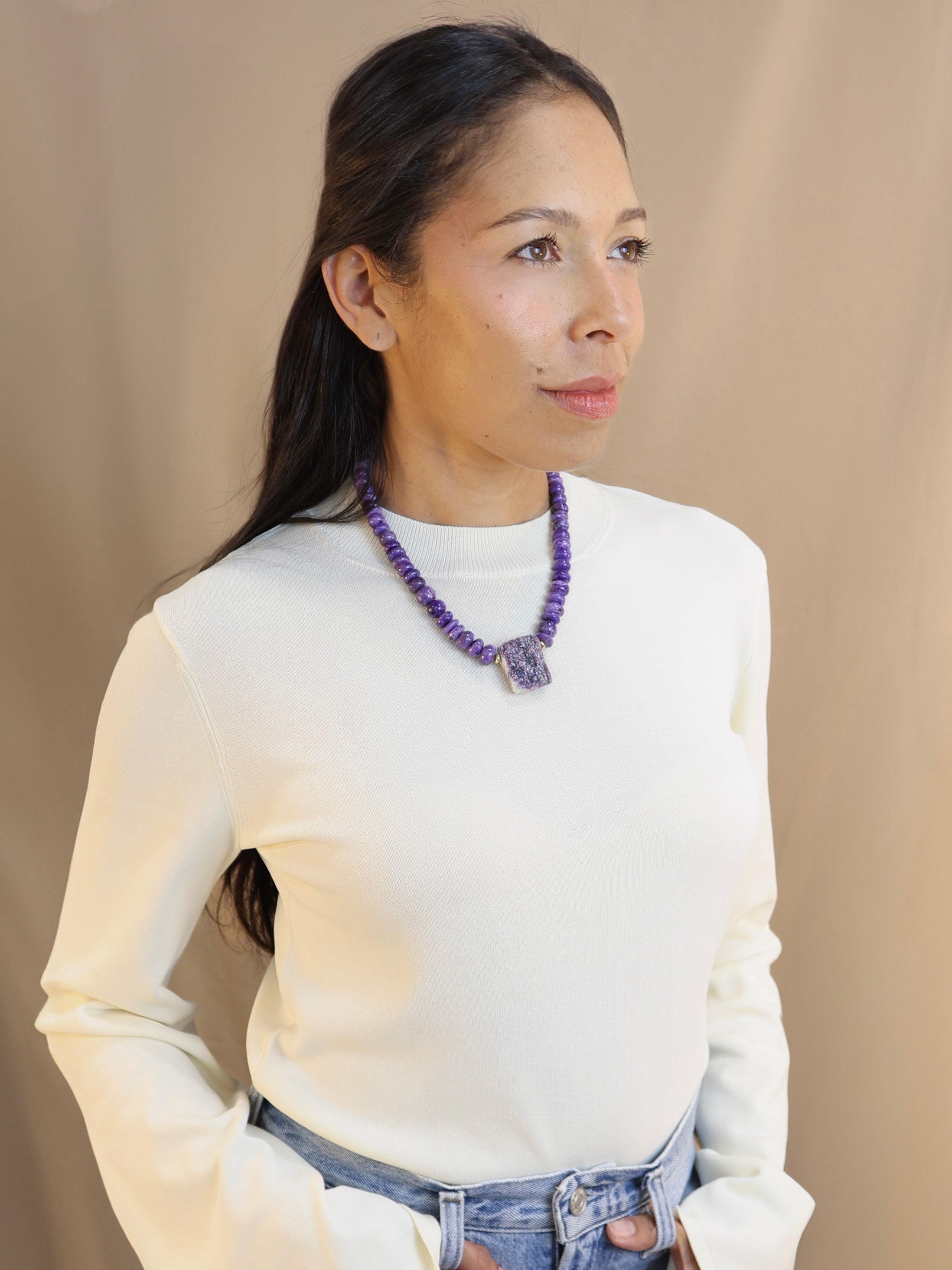 Charoite + Raw Lepidolite Necklace