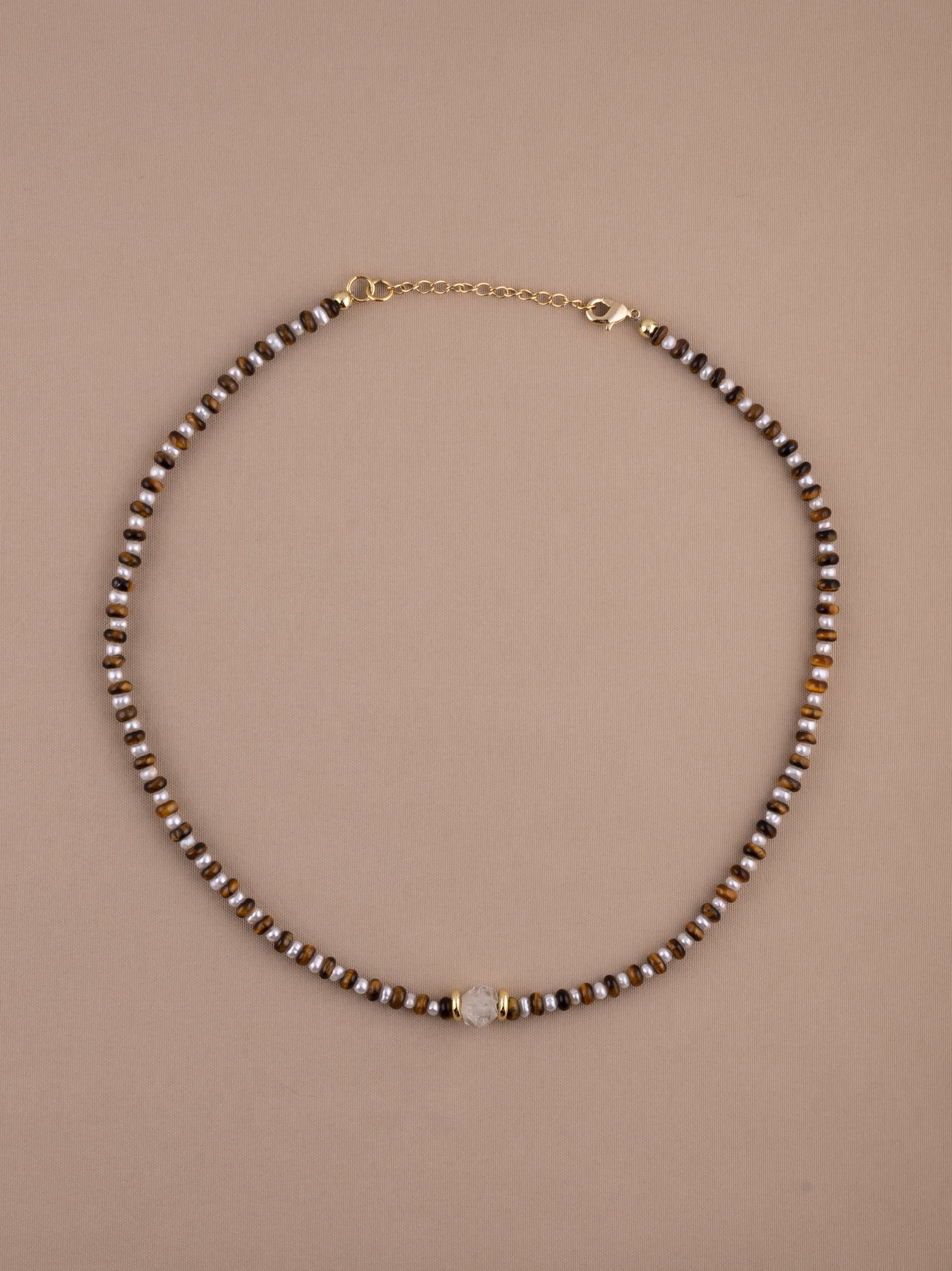 Tigers Eye + Pearl+ Herkimer Diamond Choker