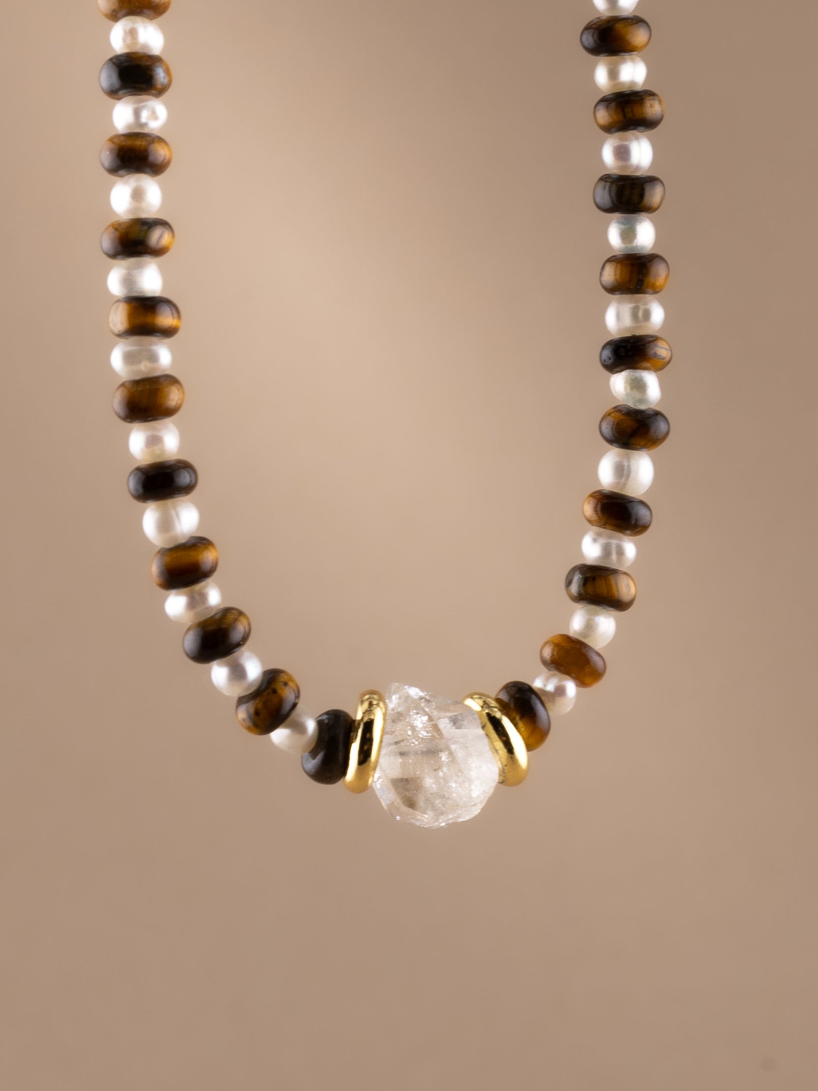Tigers Eye + Pearl+ Herkimer Diamond Choker