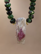 Faceted Ruby Zoisite + Raw Pink Tourmaline in Quartz Necklace