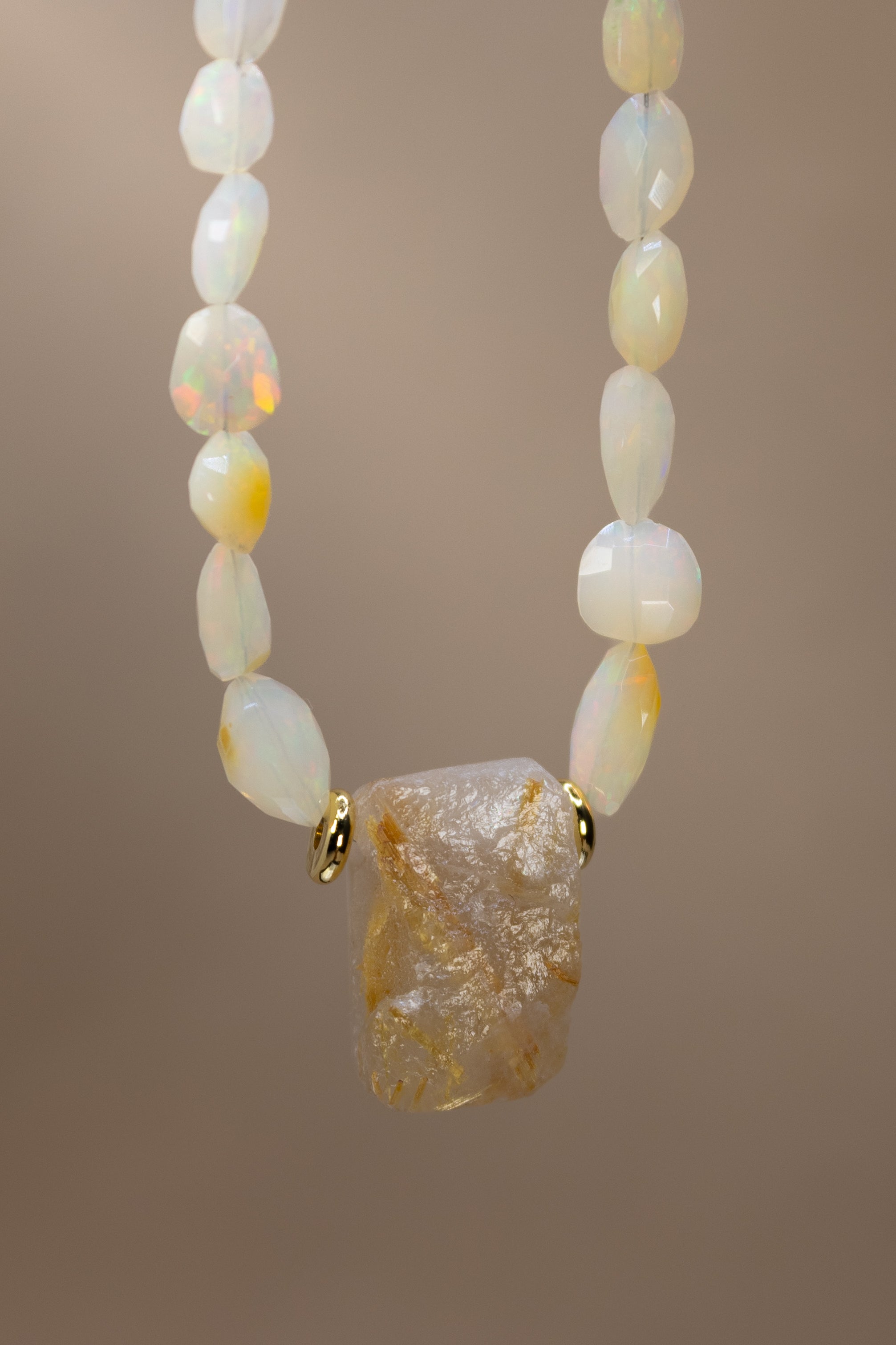 African Opal + Raw Golden Rutile Quartz Necklace