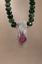 Faceted Ruby Zoisite + Raw Pink Tourmaline in Quartz Necklace