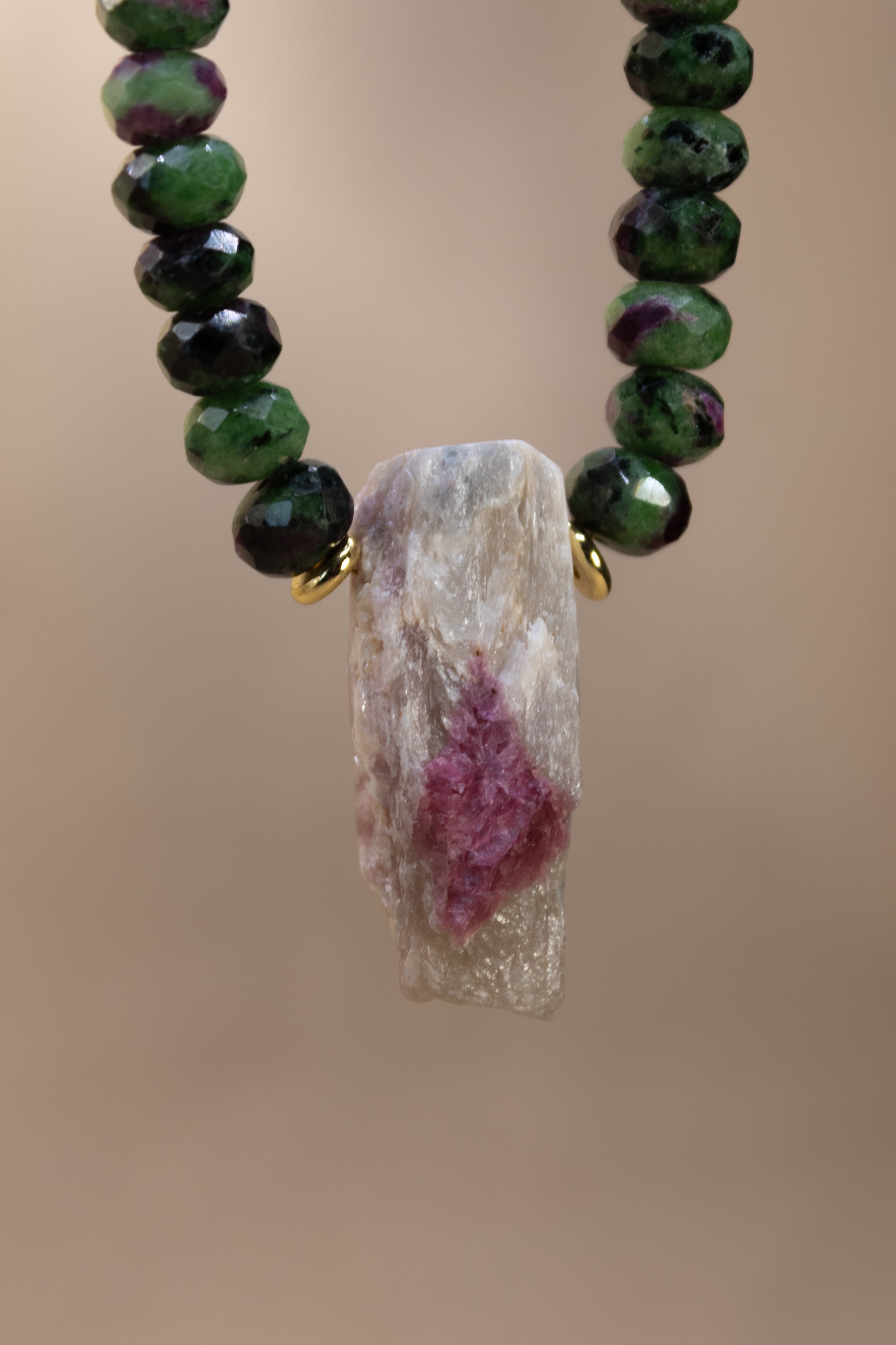 Faceted Ruby Zoisite + Raw Pink Tourmaline in Quartz Necklace