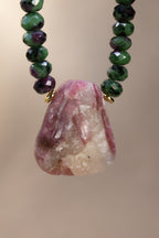 Faceted Ruby Zoisite + Raw Pink Tourmaline in Quartz Necklace