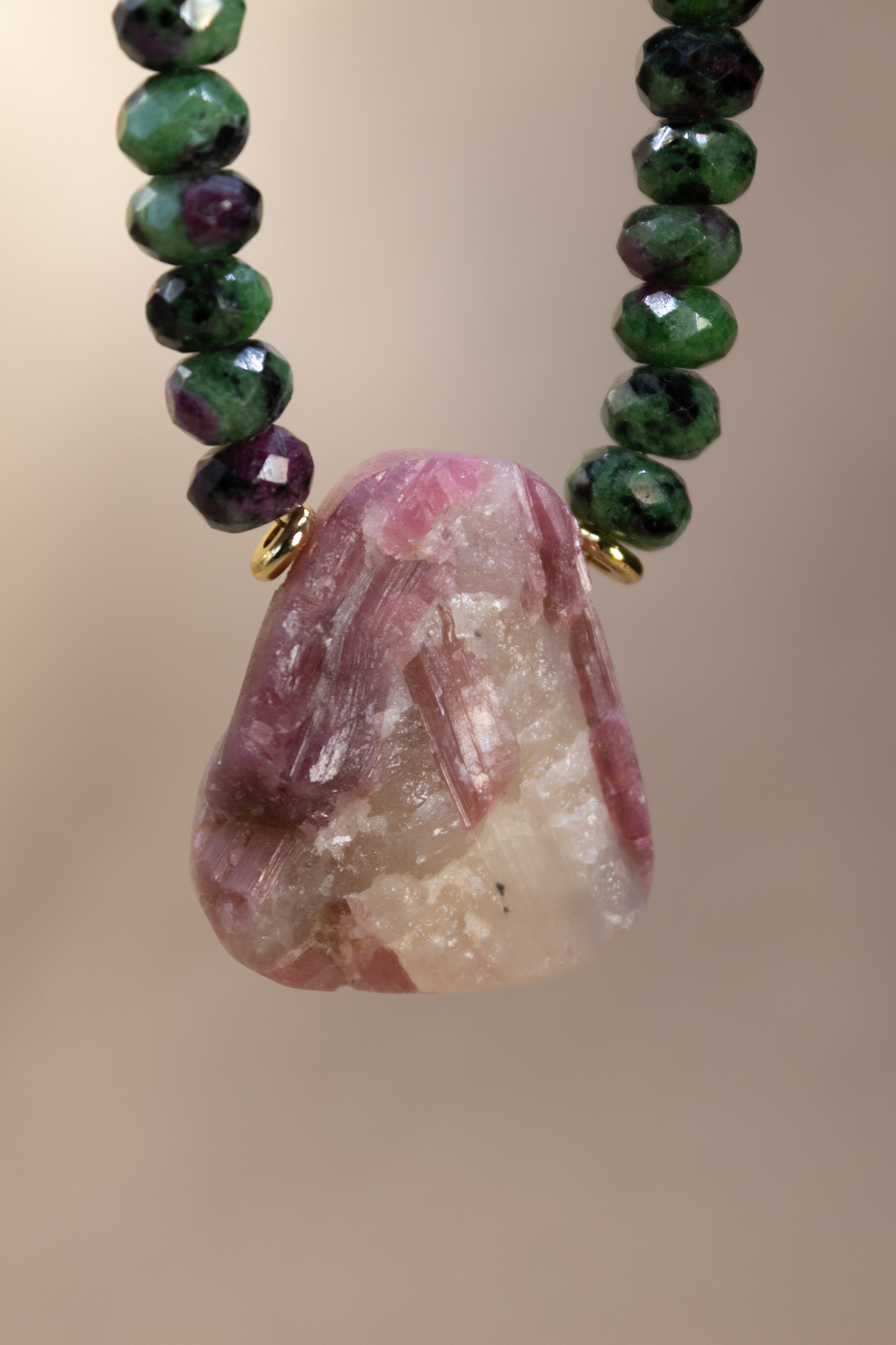 Faceted Ruby Zoisite + Raw Pink Tourmaline in Quartz Necklace