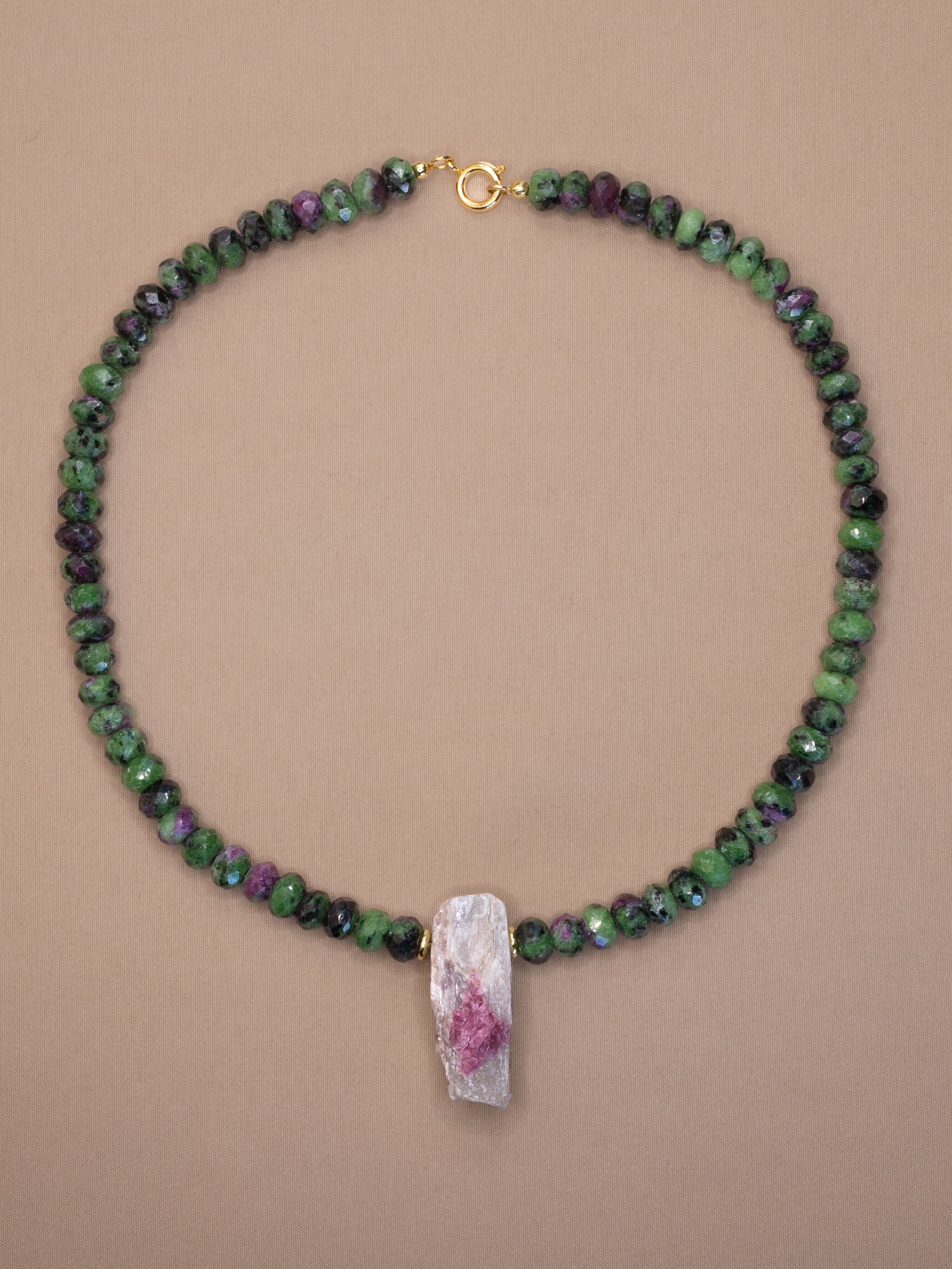 Faceted Ruby Zoisite + Raw Pink Tourmaline in Quartz Necklace