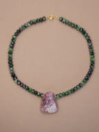 Faceted Ruby Zoisite + Raw Pink Tourmaline in Quartz Necklace