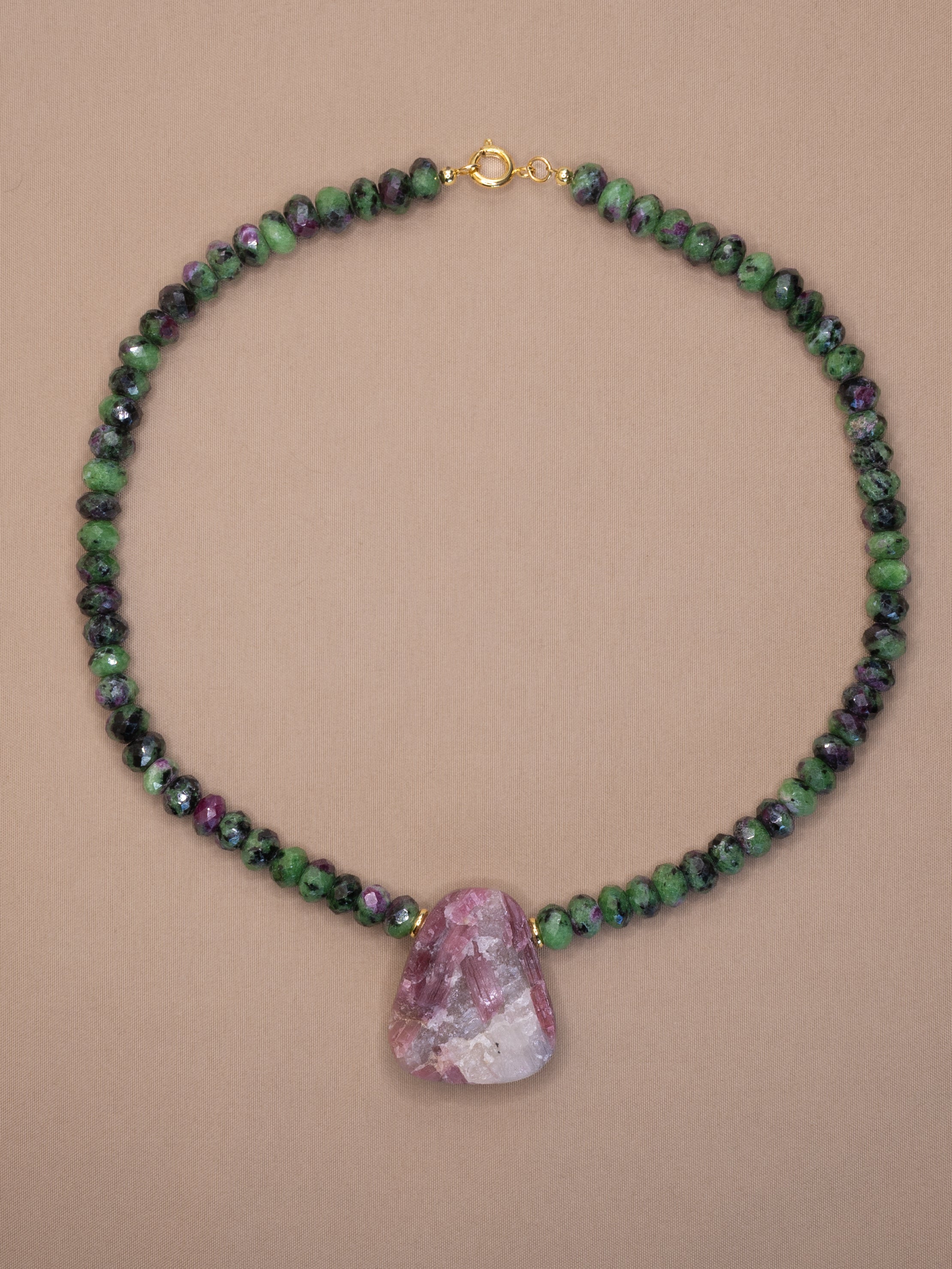 Faceted Ruby Zoisite + Raw Pink Tourmaline in Quartz Necklace