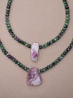 Faceted Ruby Zoisite + Raw Pink Tourmaline in Quartz Necklace