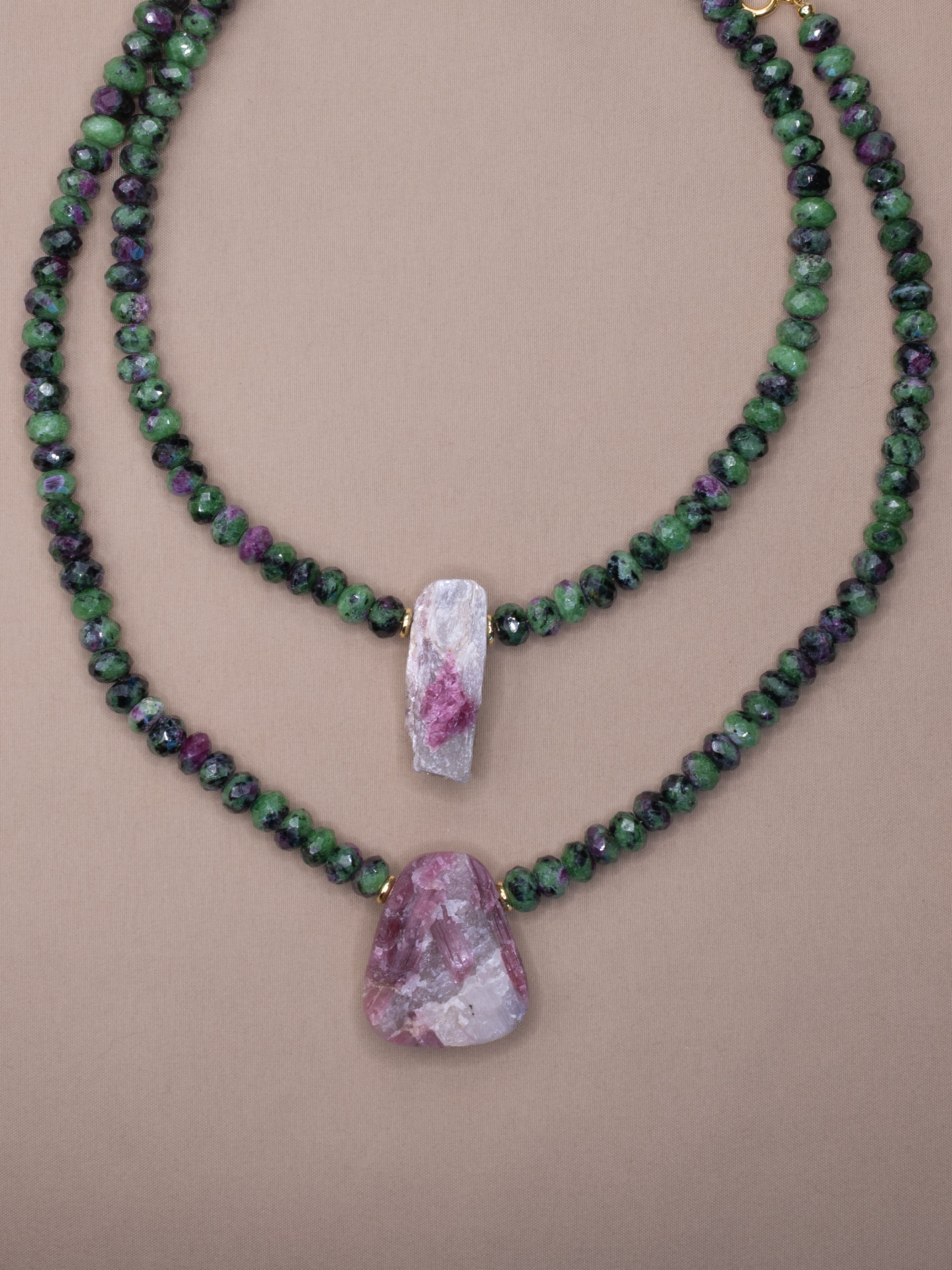 Faceted Ruby Zoisite + Raw Pink Tourmaline in Quartz Necklace